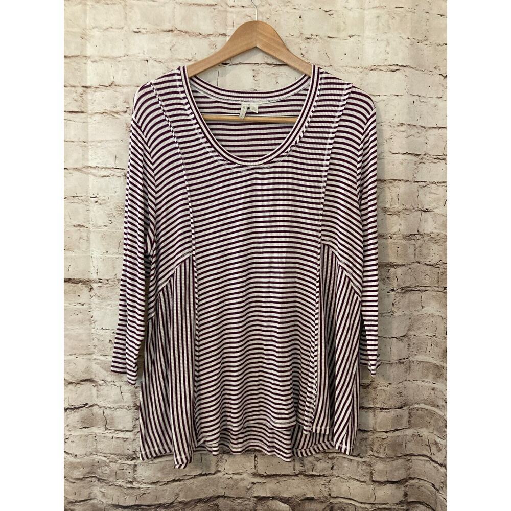 Cato Top Womens XL Purple Ribbed Long Sleeve Flowy‎ Asymmetric Striped Stretch